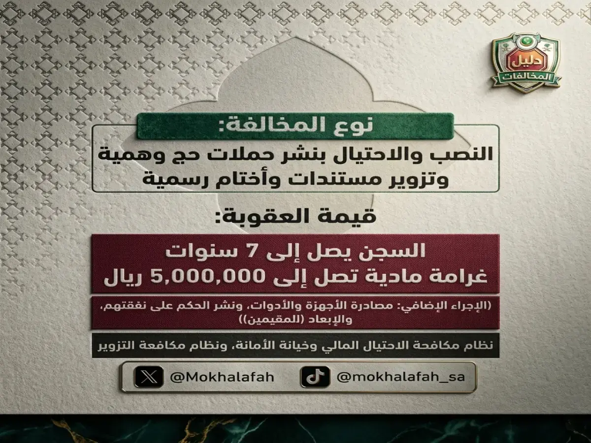 عاجل: عقوبات صادمة تصل 7 سنوات سجن و5 ملايين ريال… الداخلية السعودية تنشر قائمة مخالفات الحج 1447 وتضبط شبكات احتيال دولية!