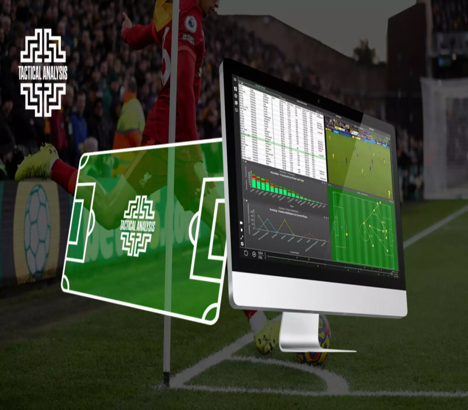تركيبة رقمية يظهر فيها لاعب كرة قدم أثناء اللعب على اليسار وشاشة كبيرة على اليمين تعرض تحليلاً مفصلاً لمباراة كرة قدم مع رسوم بيانية ومخططات مختلفة ومباشرة للمباراة.