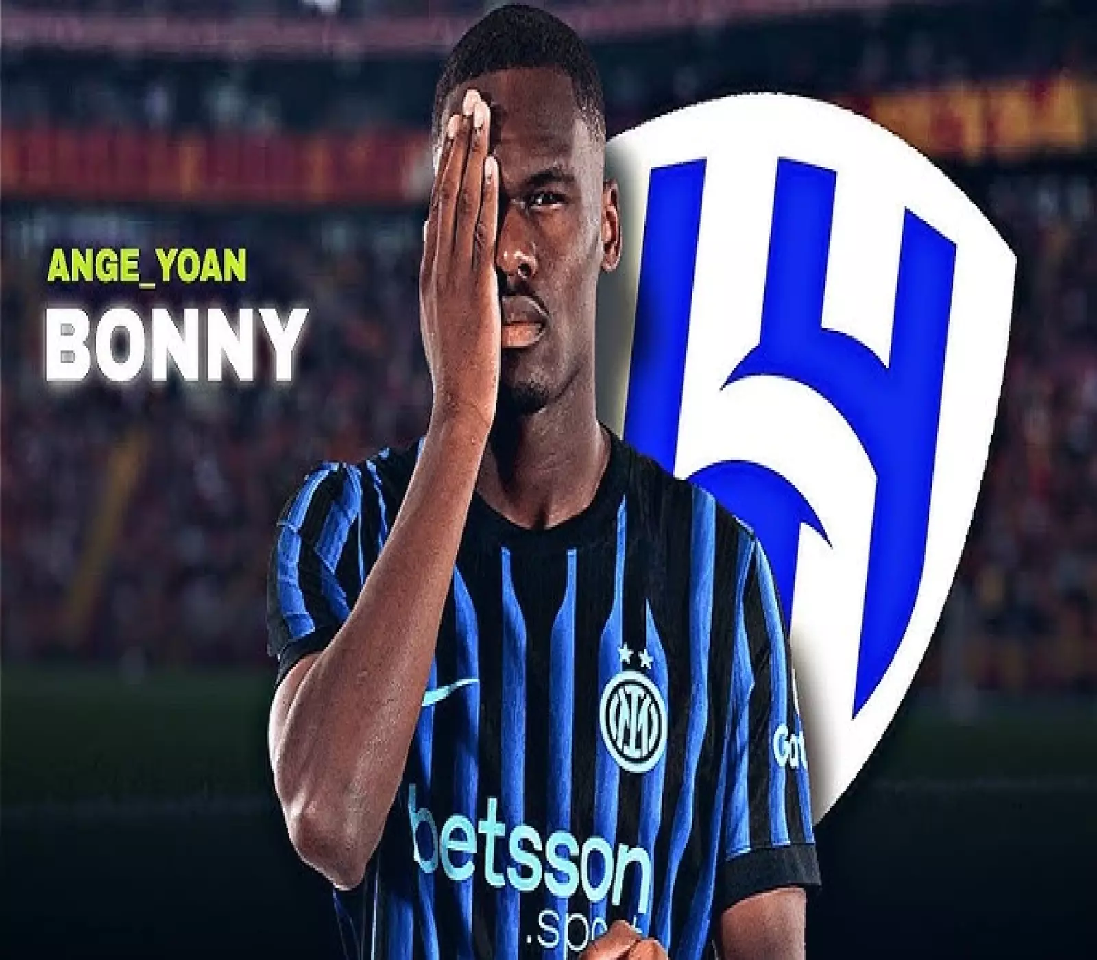 لاعب كرة قدم يرتدي قميص نادي إنتر ميلان وبجانبه شعار نادي الهلال السعودي في خلفية رياضية.