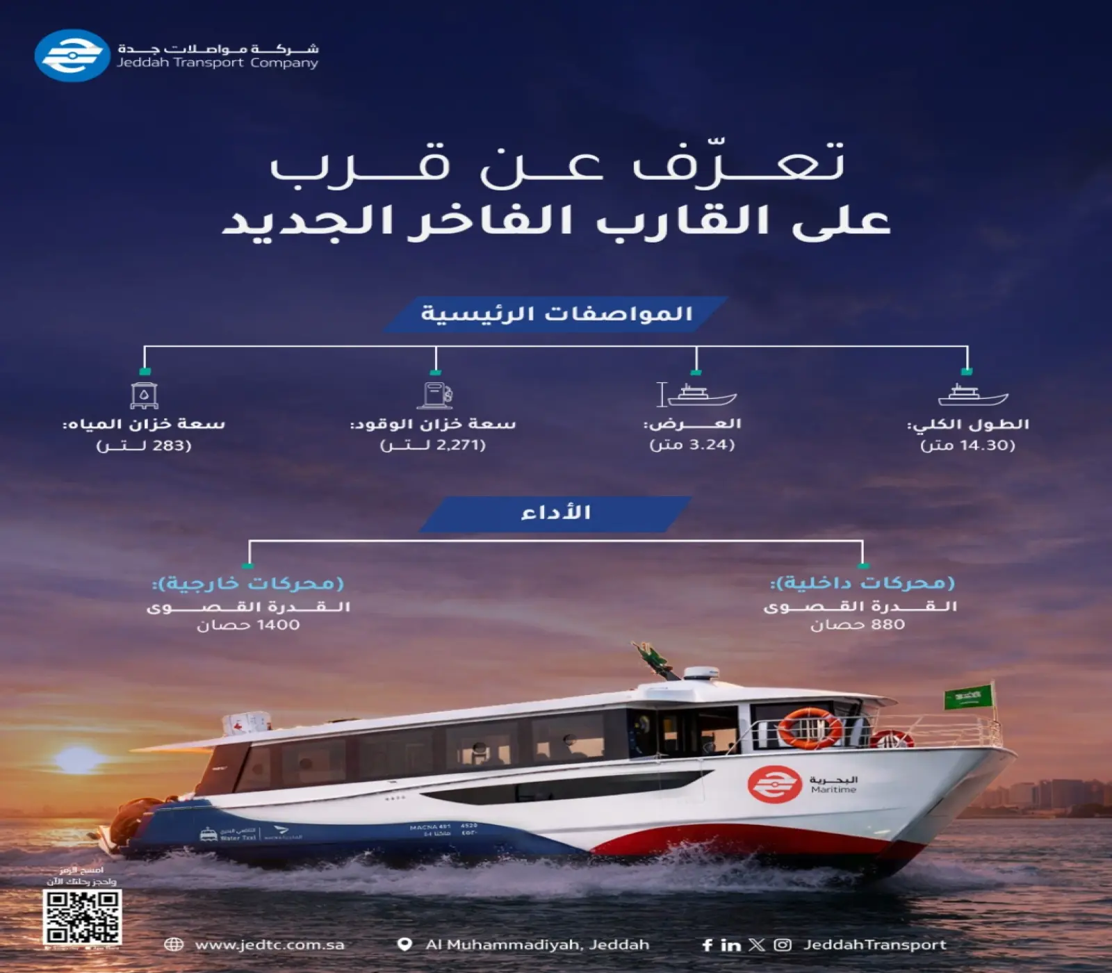 رسم توضيحي يعرض مواصفات القارب الفاخر التابع لشركة مواصلات جدة مع صورة للقارب في البحر وقت الغروب.