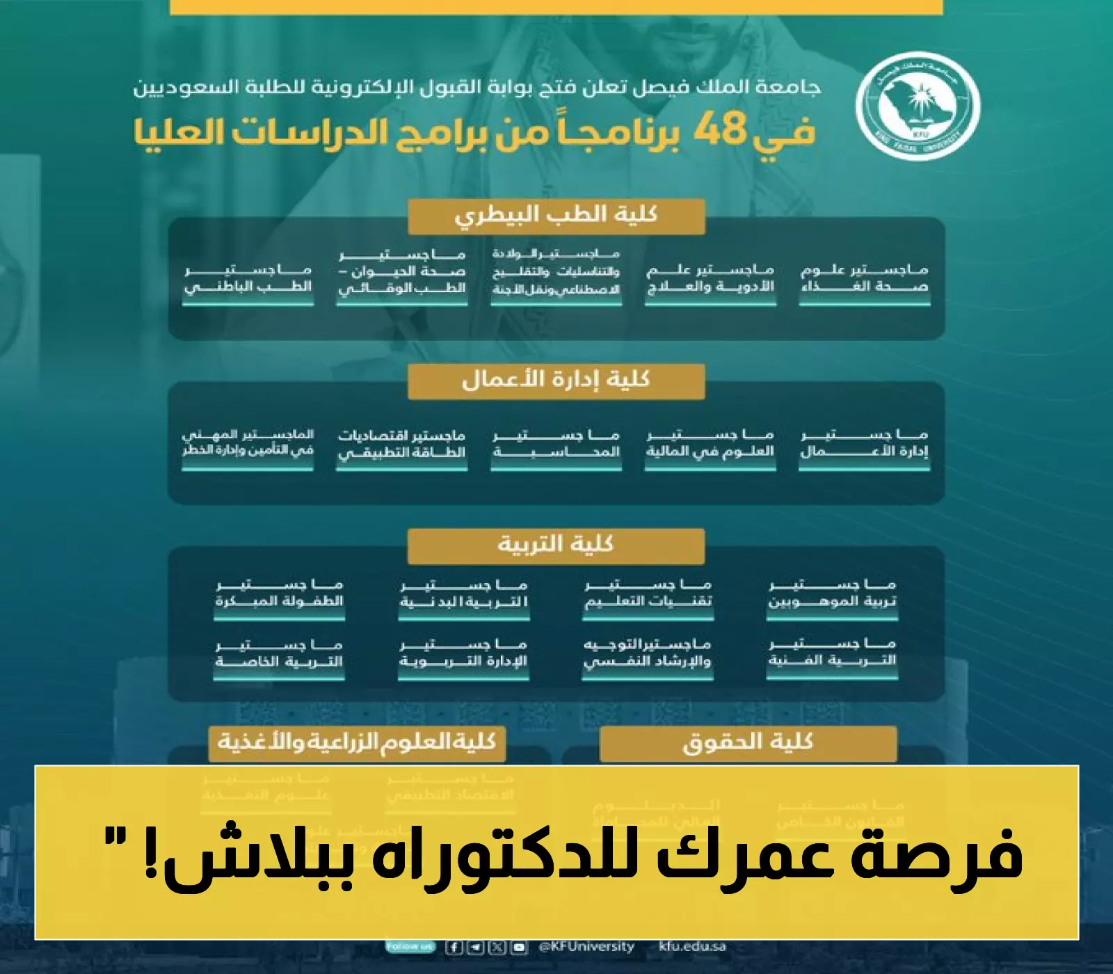48 برنامجًا للدراسات العليا في جامعة الملك فيصل... ودكتوراه الرياضيات مجانًا بالكامل