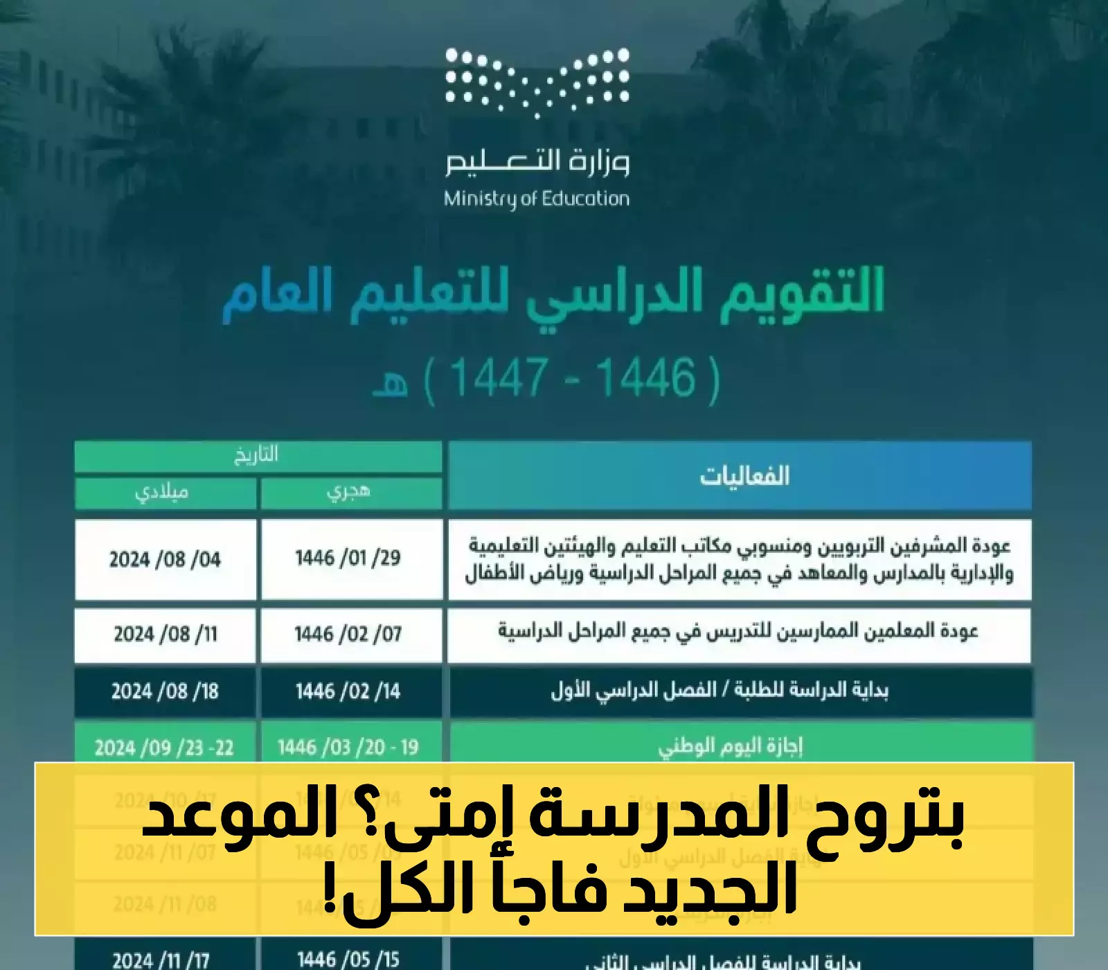 رسمياً: التعليم السعودية تحدد موعداً جديداً لانطلاق العام الدراسي الجديد 1447ه... والمعلمون يعودون قبل الطلاب بأسبوع!