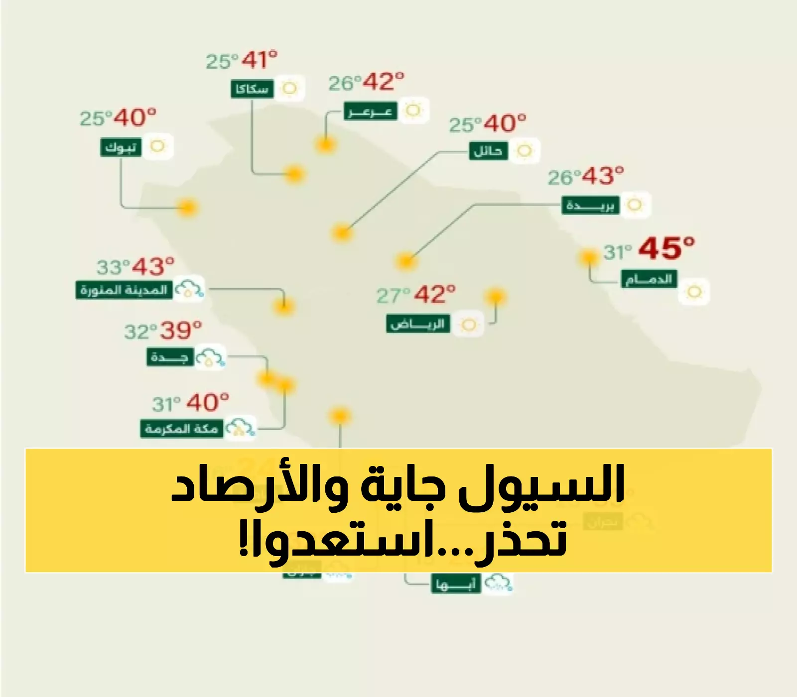 تحذيرات من سيول وشتات: الأرصاد تكشف عن 6 مناطق سعودية تحت تأثير الأمطار الرعدية وفرق حرارة يصل إلى 26 درجة