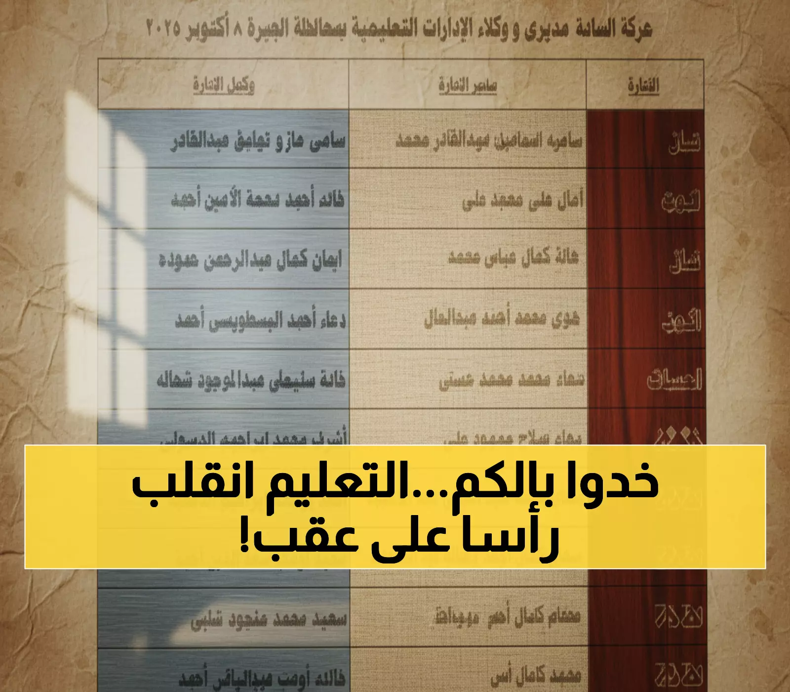 عاجل: زلزال إداري يضرب تعليم الجيزة… 47.6% يحتفظون بمواقعهم و23.8% وجوه جديدة!