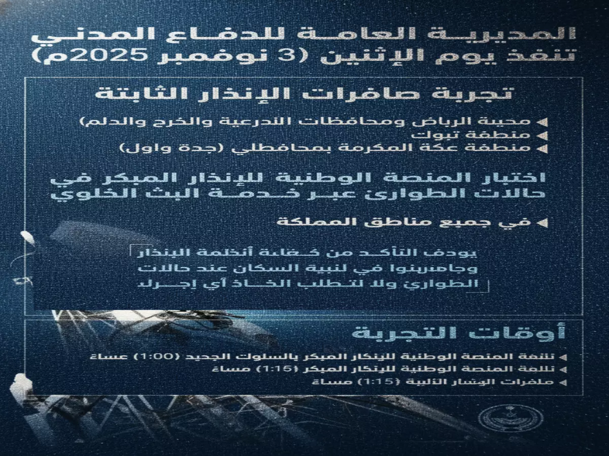 عاجل: عند الواحدة ظهراً... 3 صافرات إنذار ستدوي في الرياض ومكة وتبوك - تعرف على معنى كل نغمة قد تنقذ حياتك!