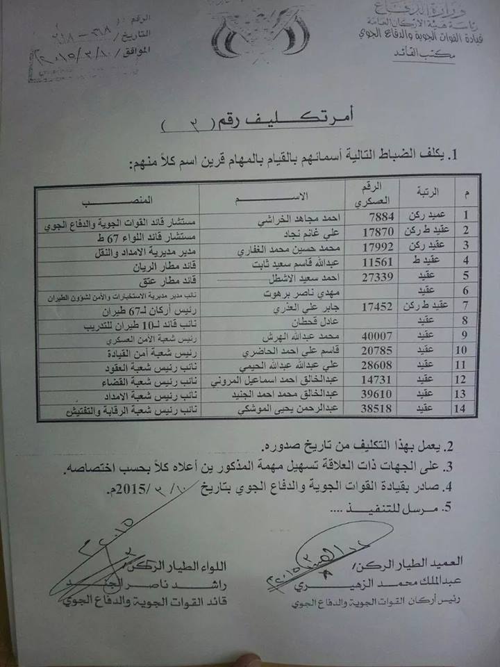 تعيين 14 ضابطا موالياً للحوثيين في مناصب حساسة في القوات الجوية ( أسماء + وثيقة)